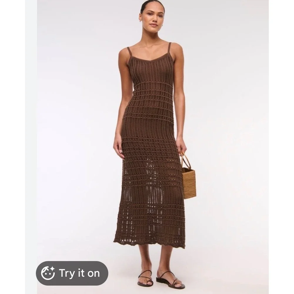 Abercrombie & Fitch Crochet Maxi Dress XXL chocolate Brown V-Neck Boho Knit new